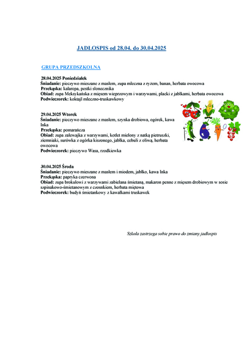 jadospis grupy przedszkolnej 2804 30042025r